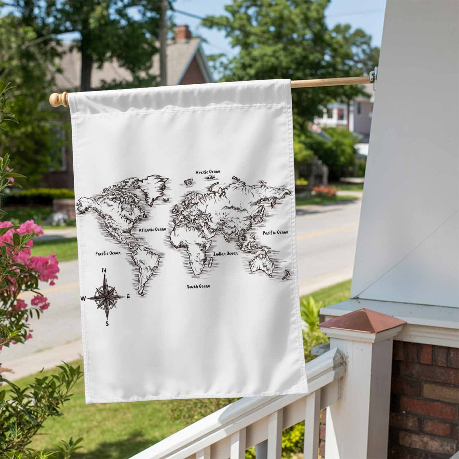 Sea Map House Flag 28 x 40 Inches, Vintage Black White Nautical Travel World Map Compass Weather Proof Outdoor Patio Flags Double Sided Small House Decoration for Yard Lawn Outside Home