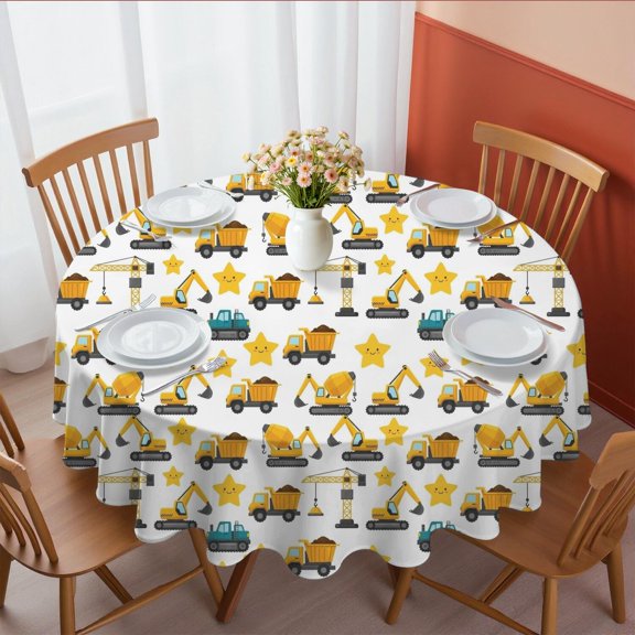 Excavator and Star White Pattern Round Tablecloth 70"x70", Wrinkle Resistant Wipeable Table Cover for Kitchen Dining Room Picnic Patio and Party