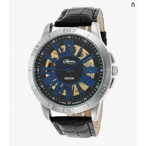 Croton Watch - Silver/Blue Partial Skeleton - Black Leather