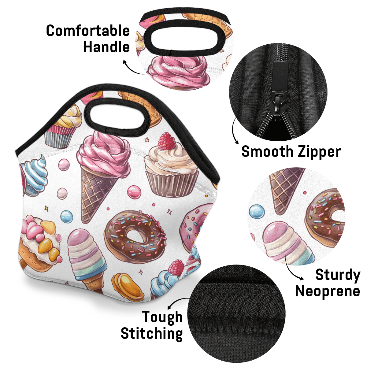 Herdesigns Sweet Food Neoprene Lunch Bag, Ice Cream Donut Insulated Lunch Box for Women Men Washable Lunch Tote Soft Lunch Container With Zipper for Work Picnic Travel