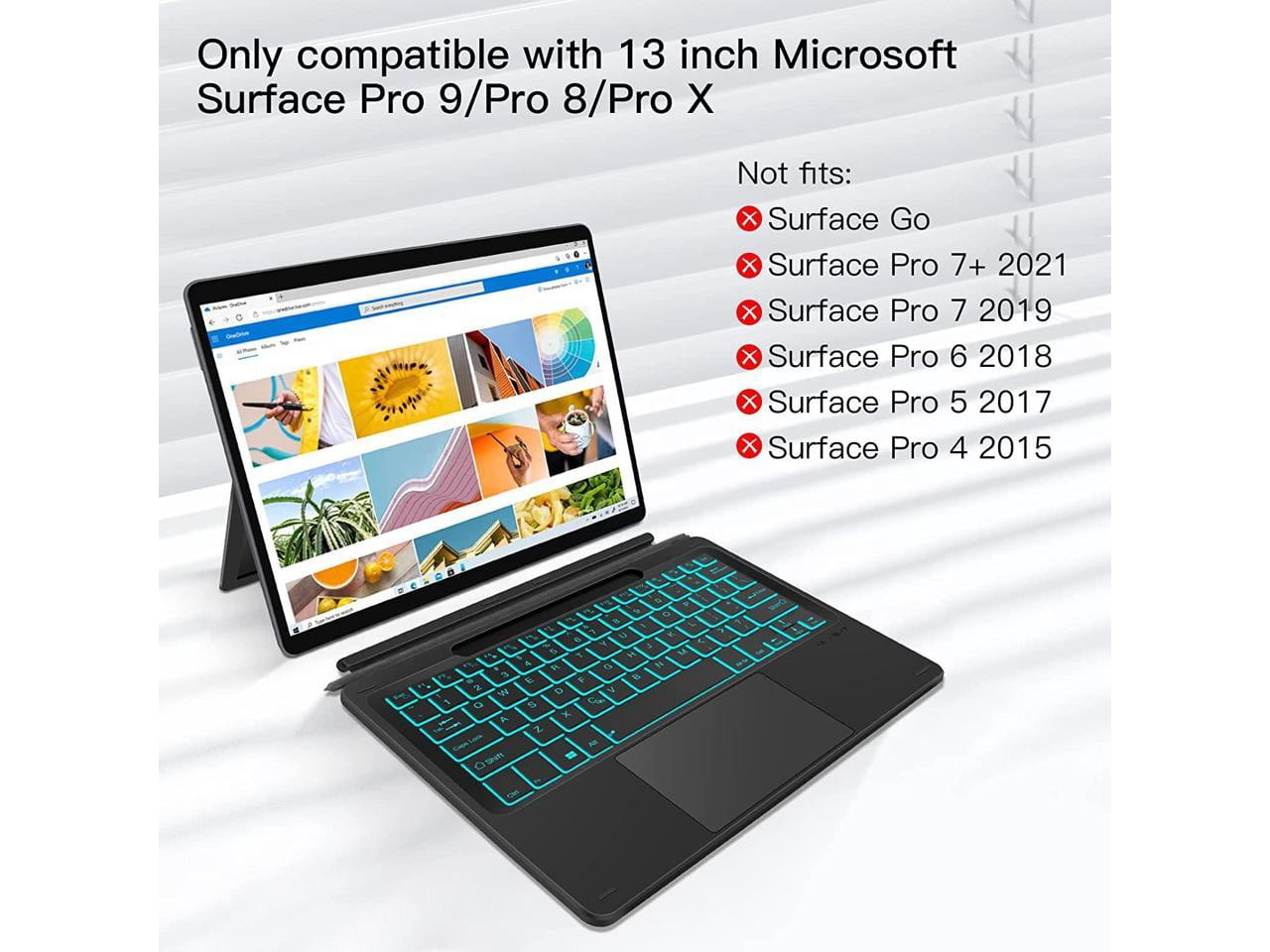 Type Cover for 13 inch Microsoft Surface Pro 9 / Pro 8 / Pro X, Wireless Thin Bluetooth Keyboard with Trackpad, 7 Colors Backlit, Pencil Holder