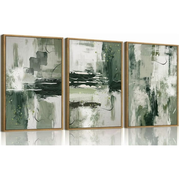 FCCUYE 3 Piece Large Modern Abstract Canvas Framed Wall Art For Living Room, Green Black White Minimalist Wall Art Decor Posters Prints For Bedroom Office 12x16in