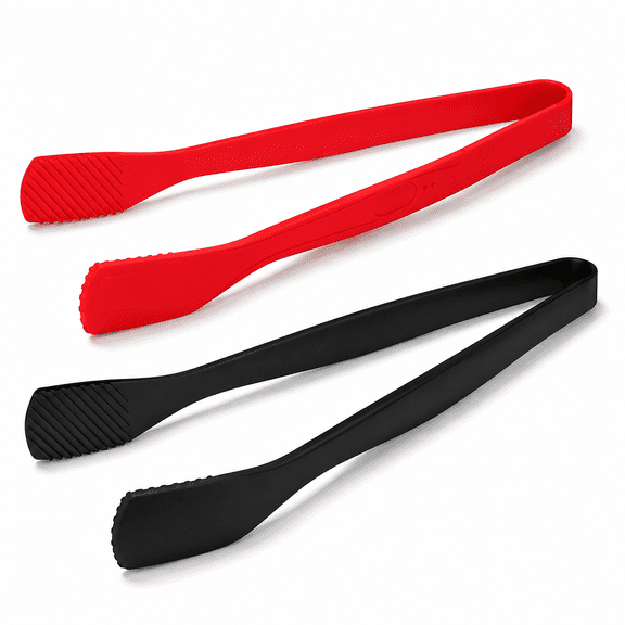 General Silicone Kitchen Tongs Set of 2, Non‑Slip Heat Resistant Food Tongs, Curved Tip Cooking Tongs for Salad, Grilling, Frying, Serving, Red & Black