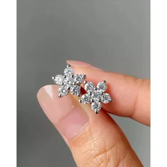 2Ct Round Cut Moissanite Screw Back Flower Stud Earrings 14K White Gold Plated