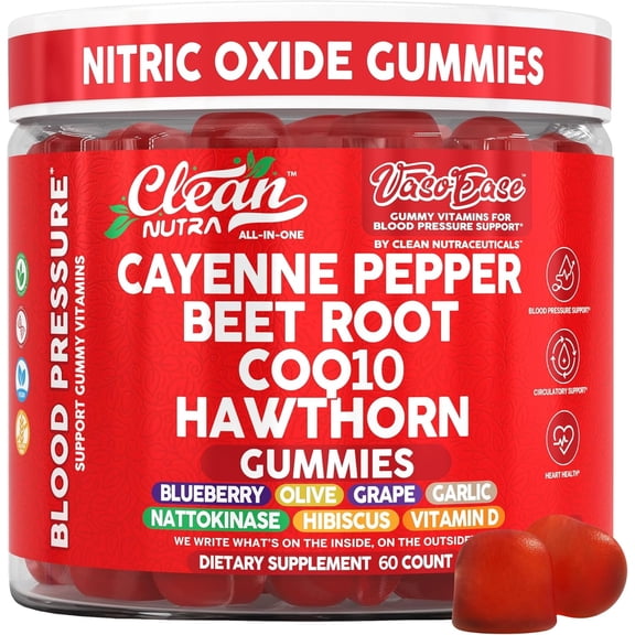 Clean Nutra Cayenne Pepper Beet Root Gummies Beetroot Garlic CoQ10 Hawthorn Berry Grape Seed Extract Olive Leaf Nattokinase Hibiscus Vitamin D Nitric Oxide - VasoEase