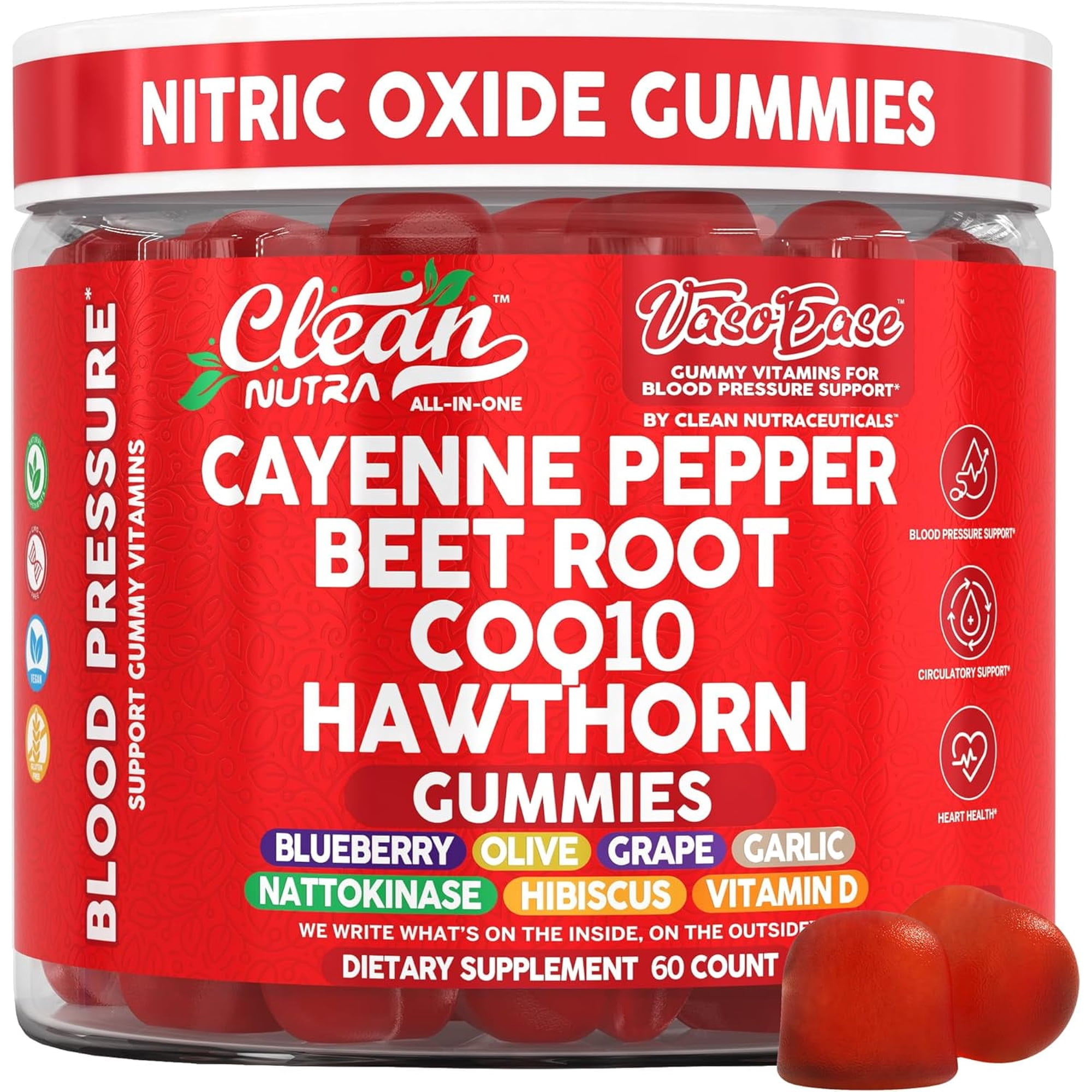 Clean Nutra Cayenne Pepper Beet Root Gummies Beetroot Garlic CoQ10 Hawthorn Berry Grape Seed Extract Olive Leaf Nattokinase Hibiscus Vitamin D Nitric Oxide - VasoEase