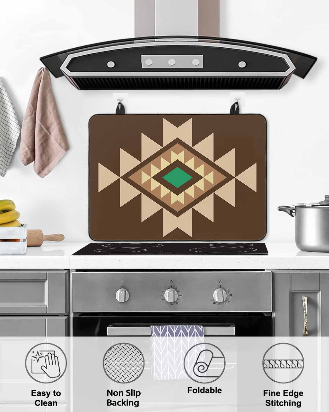 nqOlkjepod Large Induction Cooktop Protector Mat 36"x21", Brown Green Boho Stove Top Covers for Electric Stove, Vintage Southwest Abstract Geometric Stove Burner Cover Mats, Glass Top Stove Cover