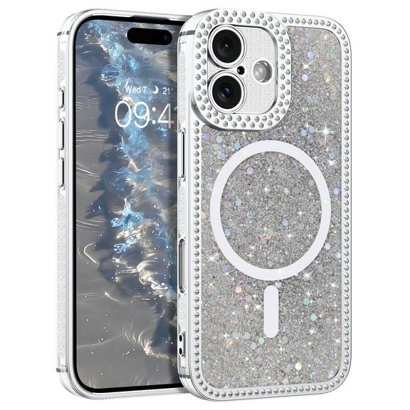 DOMAVER iPhone 17 Case 6.3" , Magnetic Clear Glitter Cover, Mag-Safe Compatible, Crystals and Camera Protector, Sparkly Protective Case for iPhone 17, White