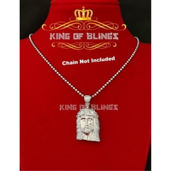 King of Bling's White 925 Sterling Silver Jesus Face Shape Pendant with Cubic Zirconia