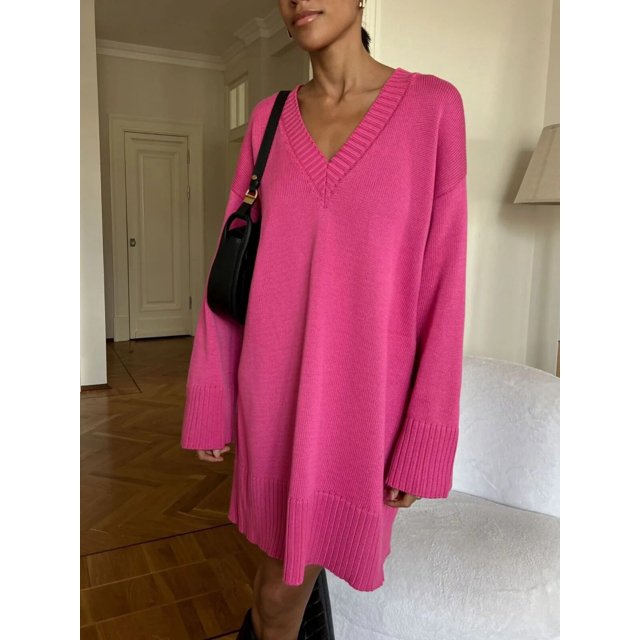 Simple Pit Stripe Thread Knit Short Dress Female Fashion Medium Length Solid Color High Neck Warm Loose Sweater For Women