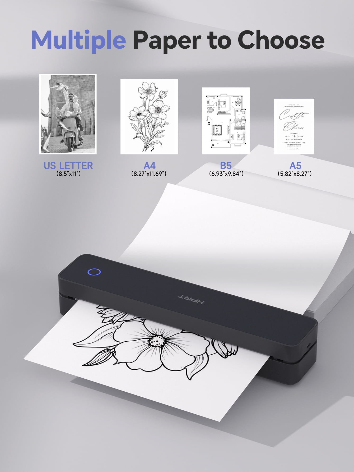 HPRT 610Pro Portable Thermal Printer - 300DPI Wireless Bluetooth Inkless Printer for Travel, Office, and Home, Supports US Letter & A4