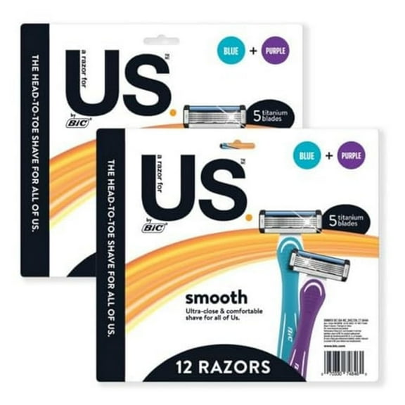 (Box of 12 razors) BIC Us. 5-Blade Unisex Disposable Razors For Men and Women, Lubrication Strip For a Smooth, Close Shave
