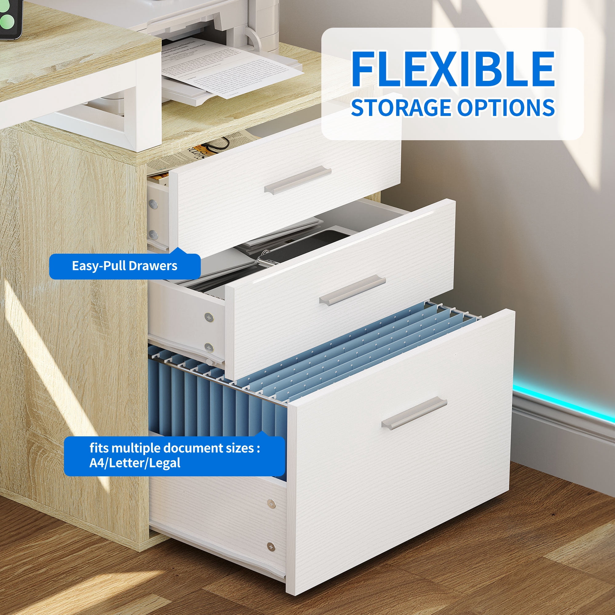Dextrus L Shaped Desk with LED Light & Power Outlets, Corner Computer Desk with Drawers & Open Storage Shelves, Oak
