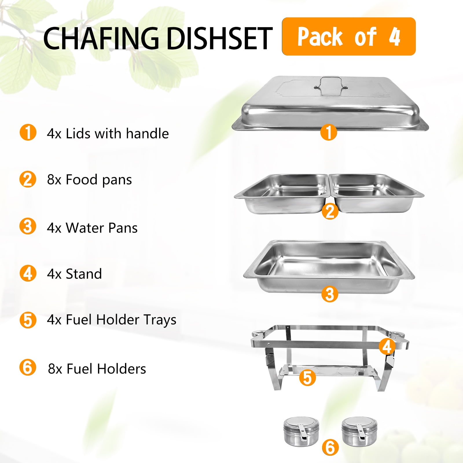 JSTUOKE Chafing Dish Buffet Set 4 Pack 8QT Stainless Steel Food Warmer Chafer Complete Set with Water Pan, Chafing Fuel Holder for Home Party, Buffets, Wedding, Banquet, Catering Events