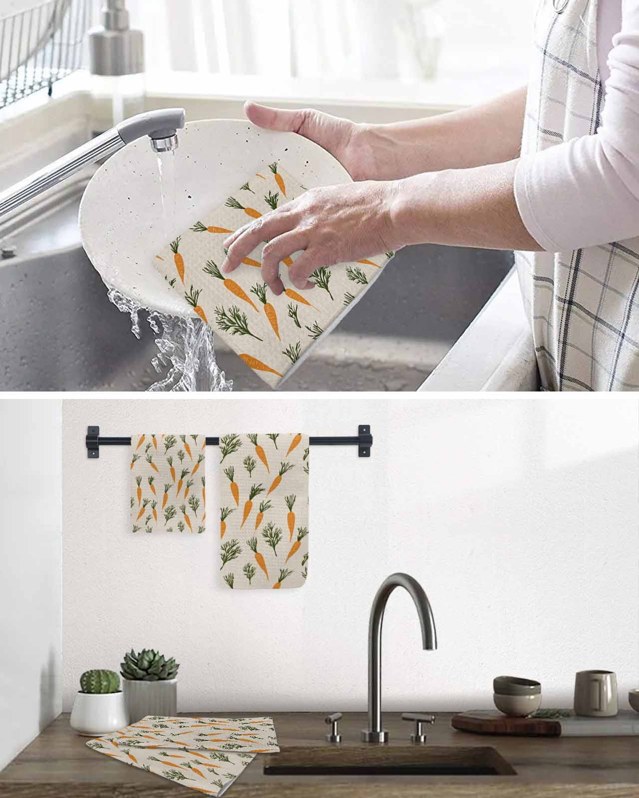 Carrots Easter Dish Towels Set, Waffle Weave Kitchen Towels 4 Pieces, Watercolor Orange Green Vegetable Rustic Microfiber Hair Face Bath Tea Towel Absorbent Quick Drying Cleaning Dish Cloths, 12"x12"