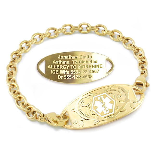 MedicEngraved Yellow Gold Stainless Steel Custom Medical Alert Bracelet - 5mm Oval Link