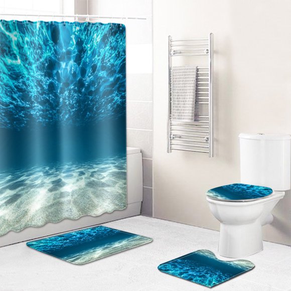 Cortina de Ducha para Baño, Juego de Cuatro Piezas, Alfombrilla de Inodoro En Forma de U, Tapete para Puerta, Tapiz Corto con 12 Ganchos