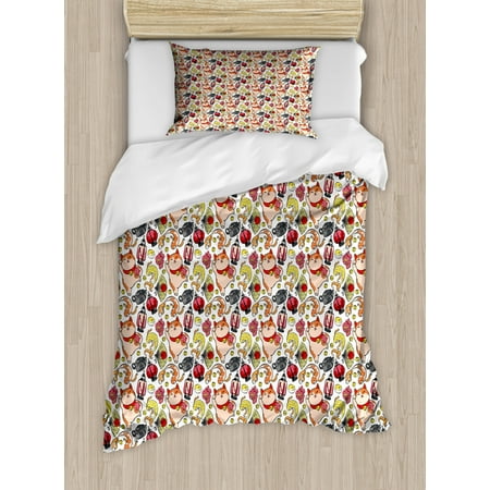 Champagne Bedding Japanese Cat Duvet Cover Set, Lucky Cat Holding Koi Fish Paw Far East Illustration, Decorative Bedding Set with Pillow Shams, Vermilion Champagne and Mustard, by Ambesonne ()