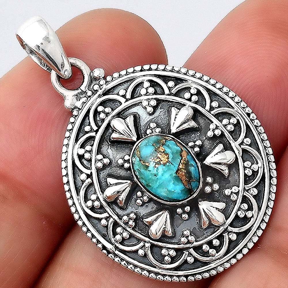 Handmade Sterling Silver .925 Bali Swirl Style Small Oval Pendant w Turquoise. 