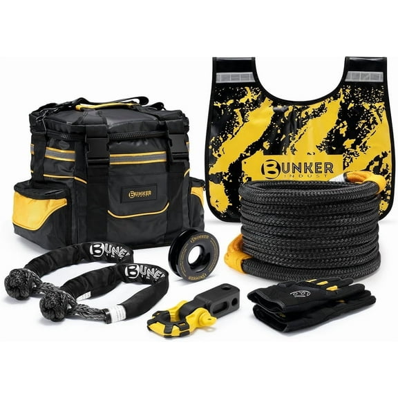 BUNKER INDUST 1"×30ft Kinetic Recovery Rope   2 Soft Shackles   Recovery Ring  Shackle Hitch Receiver   Winch Dampener  Gloves  Carry Bag