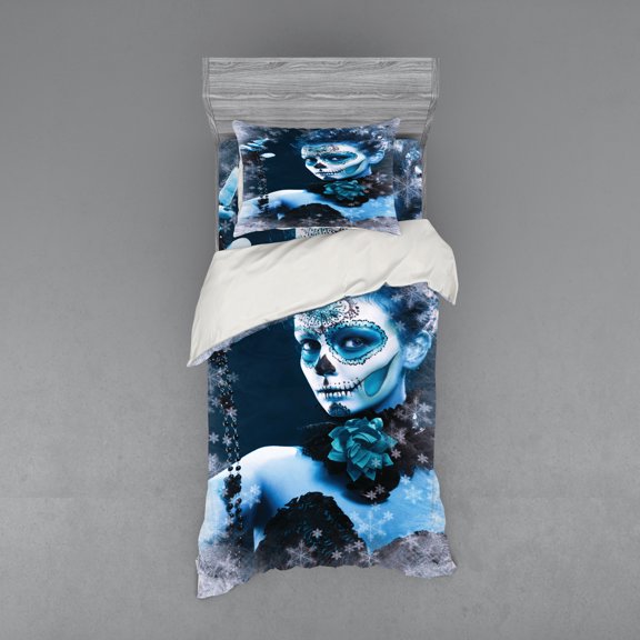 Ambesonne Colorful Bedding Set 3 Pcs, Roses Snowflakes, Twin, Pale Grey and Pale Blue