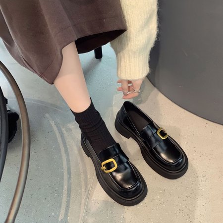 

in stock Sheepskin Version ~ Retro Small Gold Button Thick Bottom Loafers Women‘s Platform Shoes Thick Heel Small Shoes Mary Jane Single Shoes