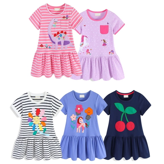 Bellafa Toddler Girl Casual Summer Cotton Dress Little Girls Ruffle Bottom Applique Short Sleeve Dresses 2-7 Years