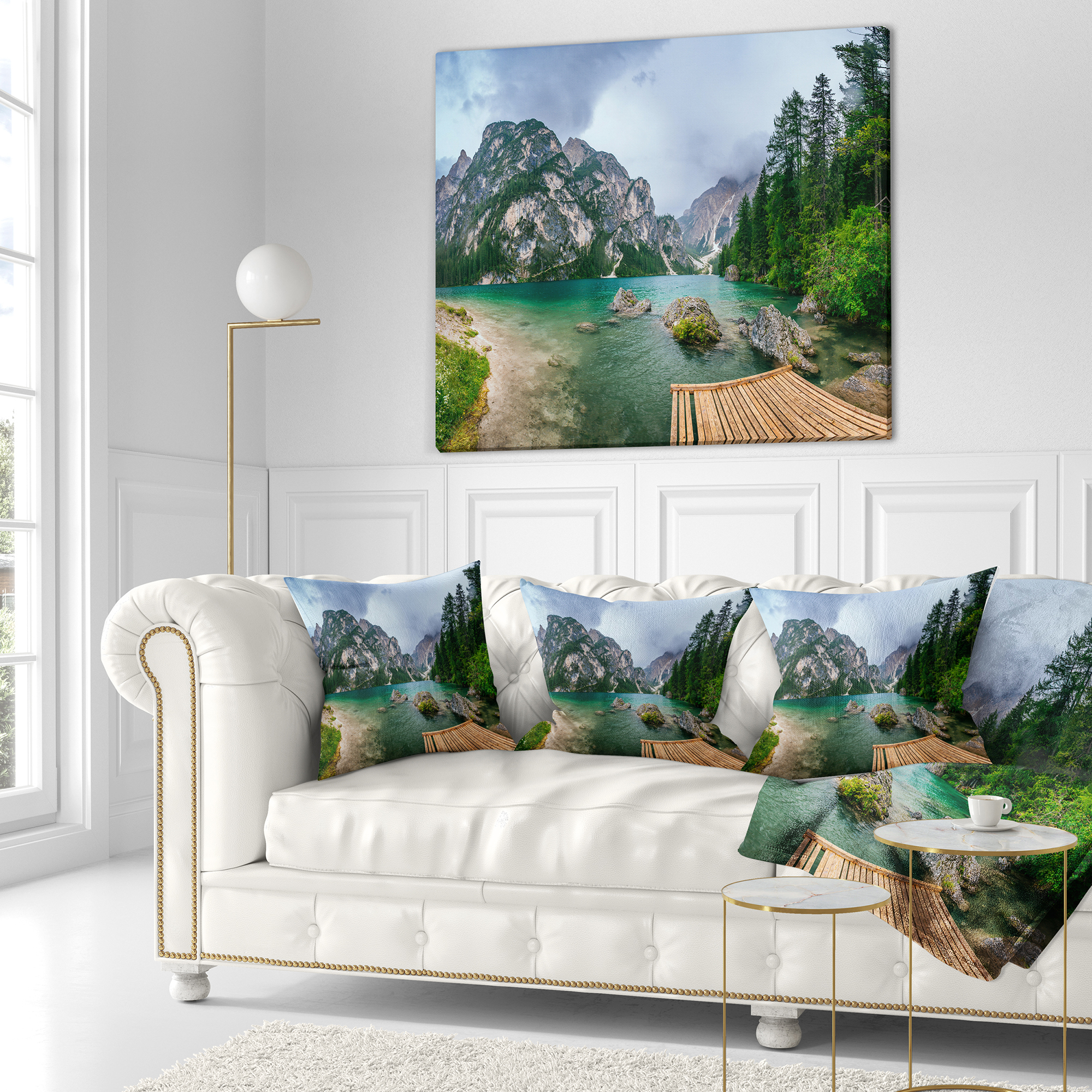 Designart Lake Between Mountains - Landscape Photography Throw Pillow - 16x16