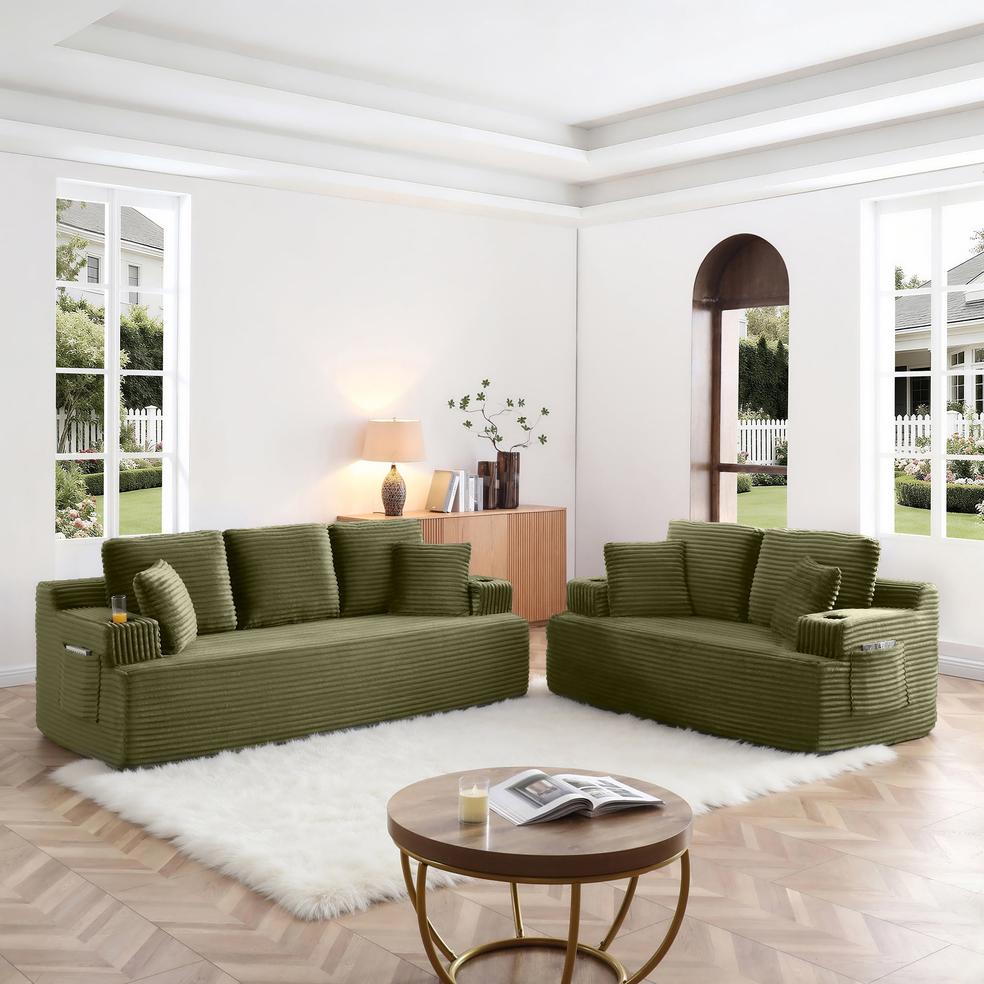 Boneless Sofa, 3-Seater Floor Couch with Cup Holders and Side Pockets, Corduroy Fabric No Assembly Sofa for Living Room or Dorm, 86.2 Inch, Green