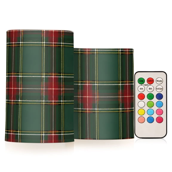 Green Checkered Flameless Candles Flickering with Remote and Timer Battery Operated LED Pillar Candle Set of 2