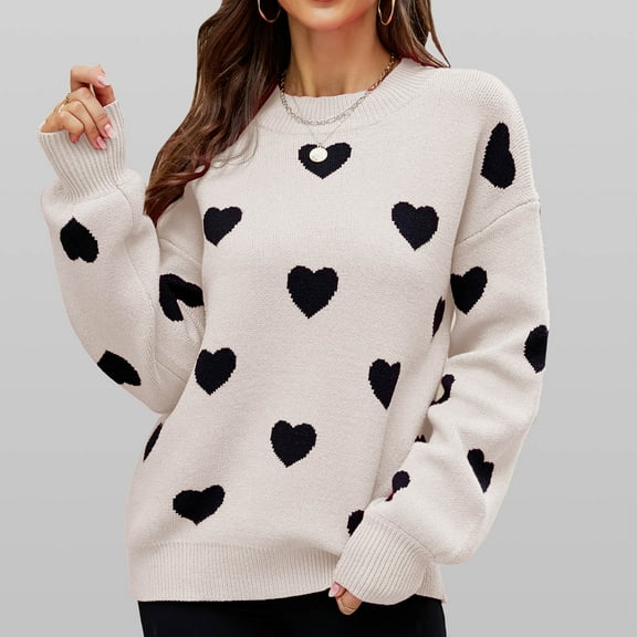 Women's Sweaters Heart Pink Striped Pullover Knitted Sweater Long Sleeved Round Neck