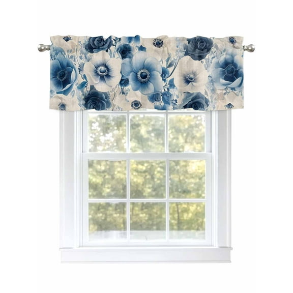 Valance Curtain Rose Flower Kitchen Curtain for Window White Blue Floral Rod Pocket Curtain Valance Window Treatment for Kitchen Bathroom Dining Room 1 Panel 54x18inch