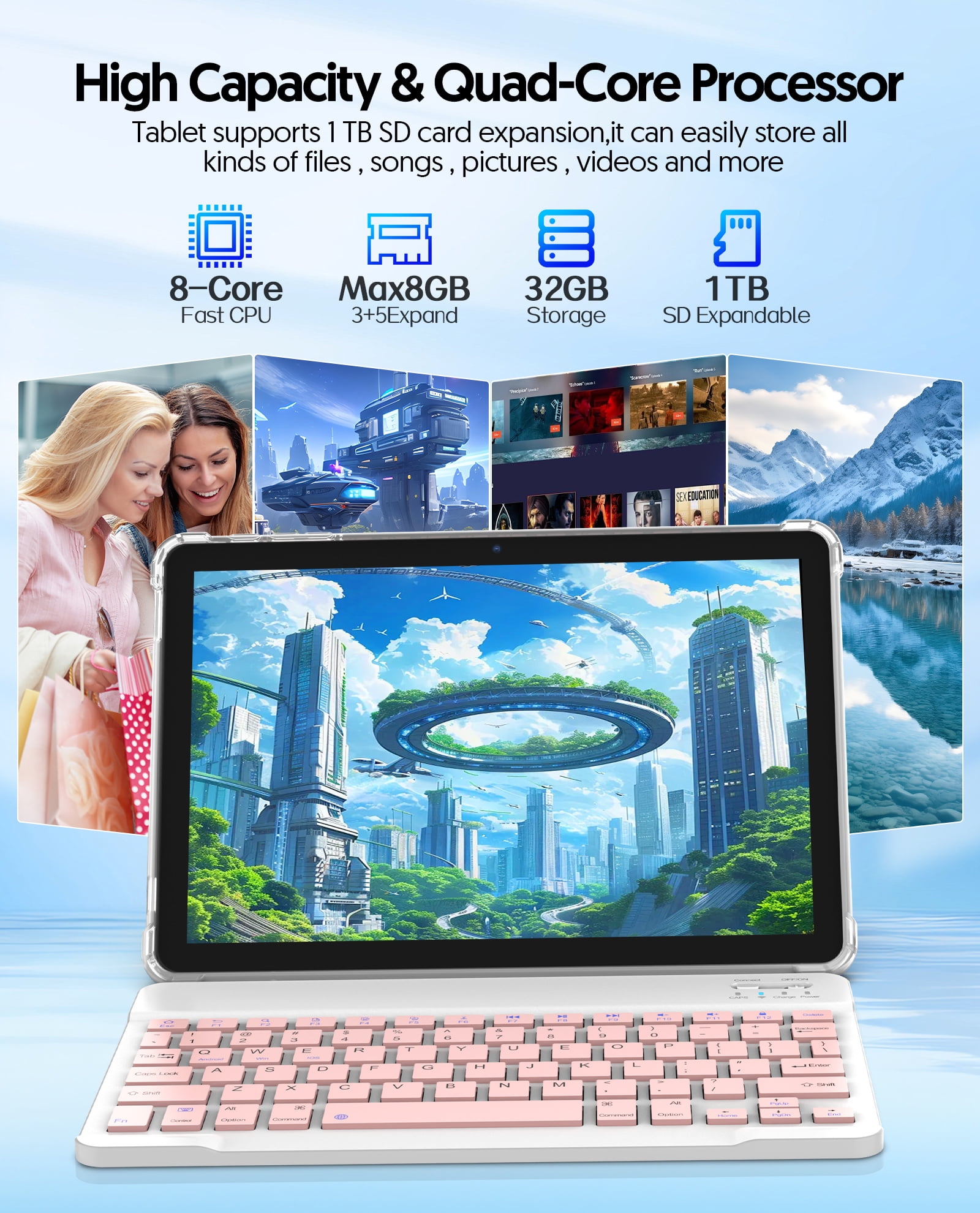 FITIFUN Android 14 Tablet 10.1 inch Tablet, 8GB RAM+32GB ROM+1TB Expandable,Octa-Core,5G Wi-Fi 6, 2+8MP Dual Camera,6000mAh Battery,1280x800 FHD IPS, Bluetooth,2 in 1 Tablets with Keyboard,Mouse,Case