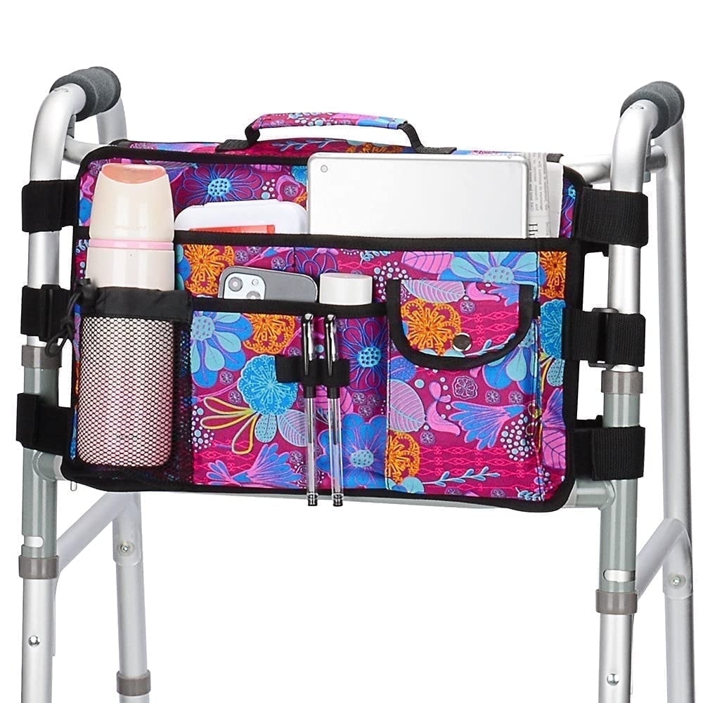 SupreGear Walker Bag, Rollator Wheelchair Storage Pouch with Cup Holder, Water-Resistant Nylon, Purple Floral