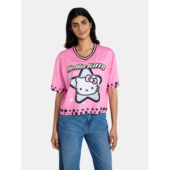 Hello Kitty Women's Plus Cropped Front Back Graphic Football Jersey, Sizes XXS-4X
