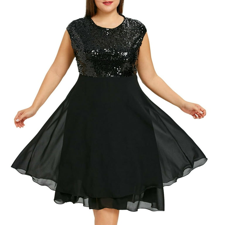 UTTOASFAY Women Plus Size Dress Fashion Women Plus Size O-Neck Solid  Sleeveless Zipper Chiffon Sequined Dress Black 22(XXXXXL) - Walmart.com