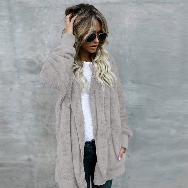 IMENGL Autumn winter solid color pocket plush warm cardigan, Gray M, Size M-5XL