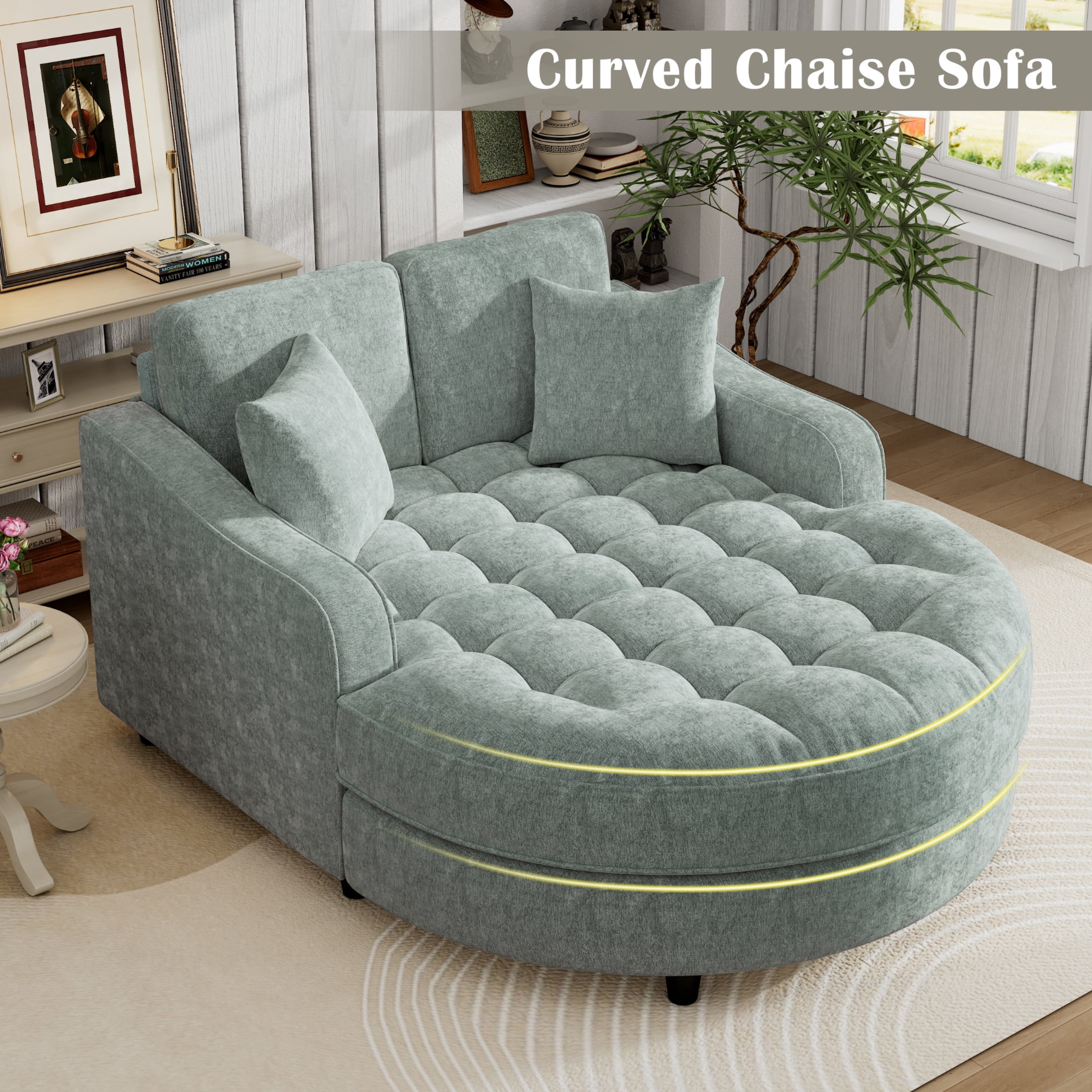Christopher Knight Home 51" Modern Chaise Lounge Sofa Bed, Tufted Chenille Couch with Pillows, Blue Green