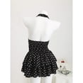 thumbnail image 2 of Black & White Polka Dot Deep V-Neck Halter Backless Fitted Mini Dress with Ruffle Hem, 2 of 8