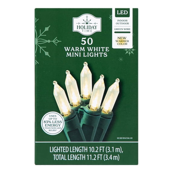 Indoor/Outdoor 50-Count LED Mini Christmas String Lights, Warm White, Green Wire, 10.2', by Holiday Time