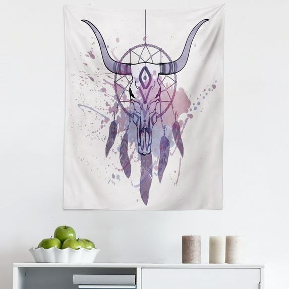 Feather Tapestry, Bull Skull Illustration with Dreamcatcher and Watercolor Splashes Abstract, Fabric Wall Hanging Decor for Bedroom Living Room Dorm, 5 Sizes, Lavender Black Grey, by Ambesonne