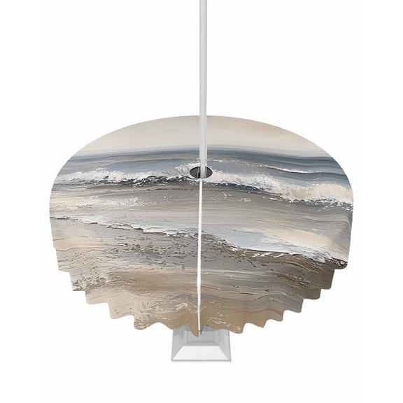 Hokiten Outdoor Tablecloths with Umbrella Hole & Zipper, Ocean Round Tablecloths 60 Inch, Grey Sky Abstract Beach Minimalism Art Waterproof Table Cloth, Patio/Pool/Picnic Table Covers