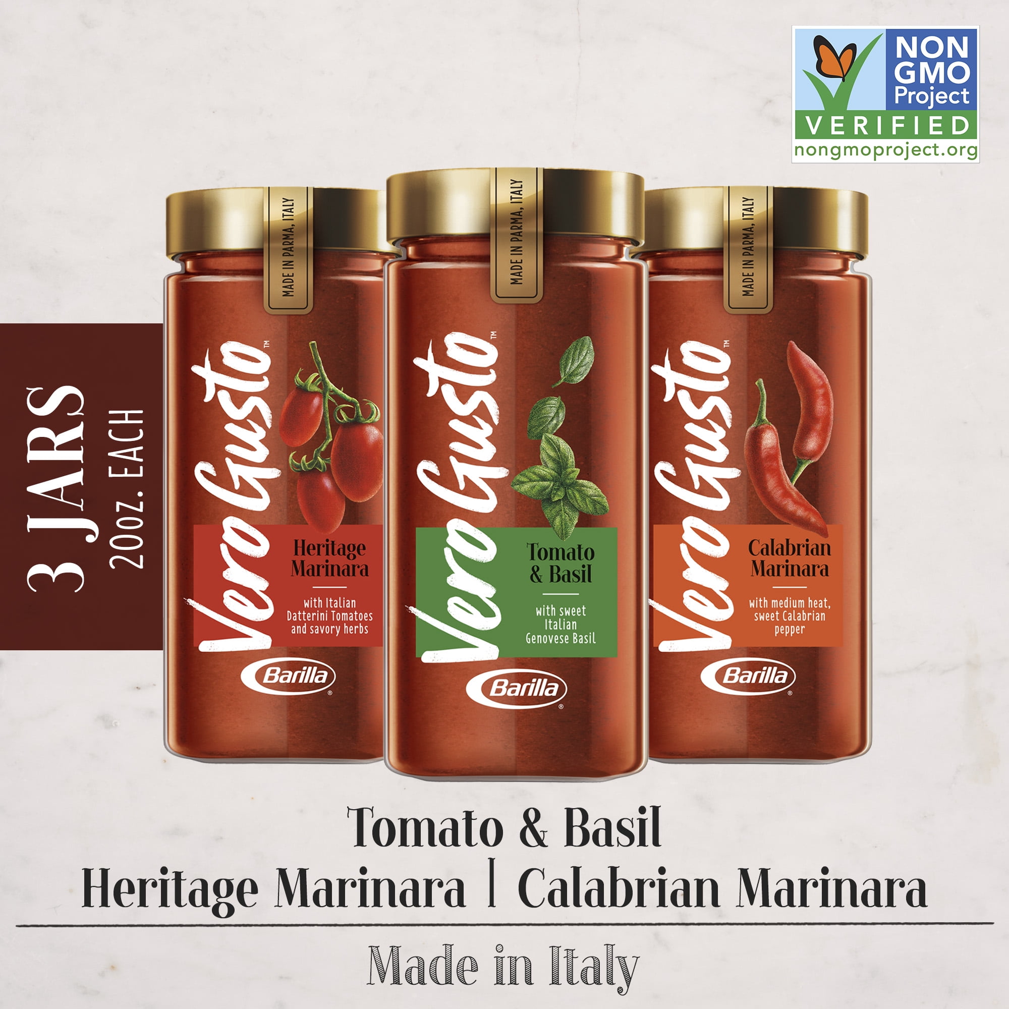 Barilla's Vero Gusto Pasta Sauce Variety Pack (Tomato Basil, Heritage Marinara, Calabrian Marinara, 20oz each)