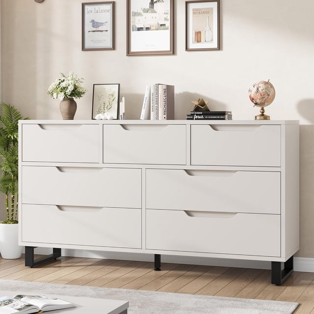 Commode à 7 Tiroirs pour Chambre, Commode de 55 Pouces de Large, Tiroir Horizontal Autoportant avec Rangement, Coffre de Garde-Robe en Bois pour Salon, Couloir, Entrée, Blanc