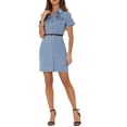 thumbnail image 1 of INSPIRE CHIC Vestido de Camisa de Mezclilla para Mujeres con Cuello, Manga Corta, Cinturón, Botones, Vestidos de Jean S Azul Claro, 1 of 6