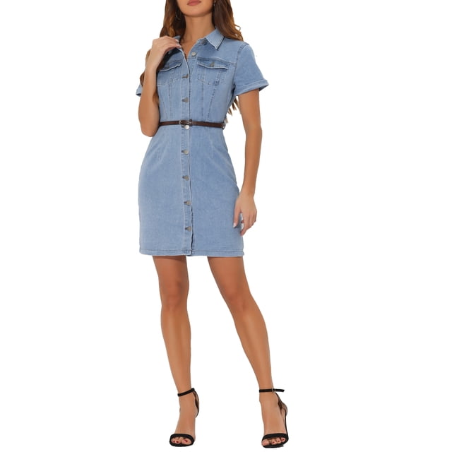 INSPIRE CHIC Vestido de Camisa de Mezclilla para Mujeres con Cuello, Manga Corta, Cinturón, Botones, Vestidos de Jean S Azul Claro