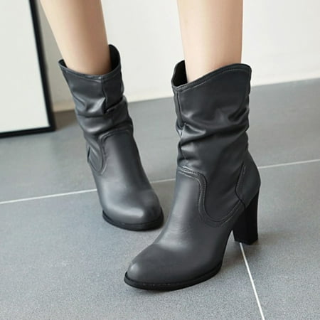 

Women Shoes Fashion Solid Color Square High Heels Casual Warm Wear-resistant Slip-on Fleece Cowboy Boots