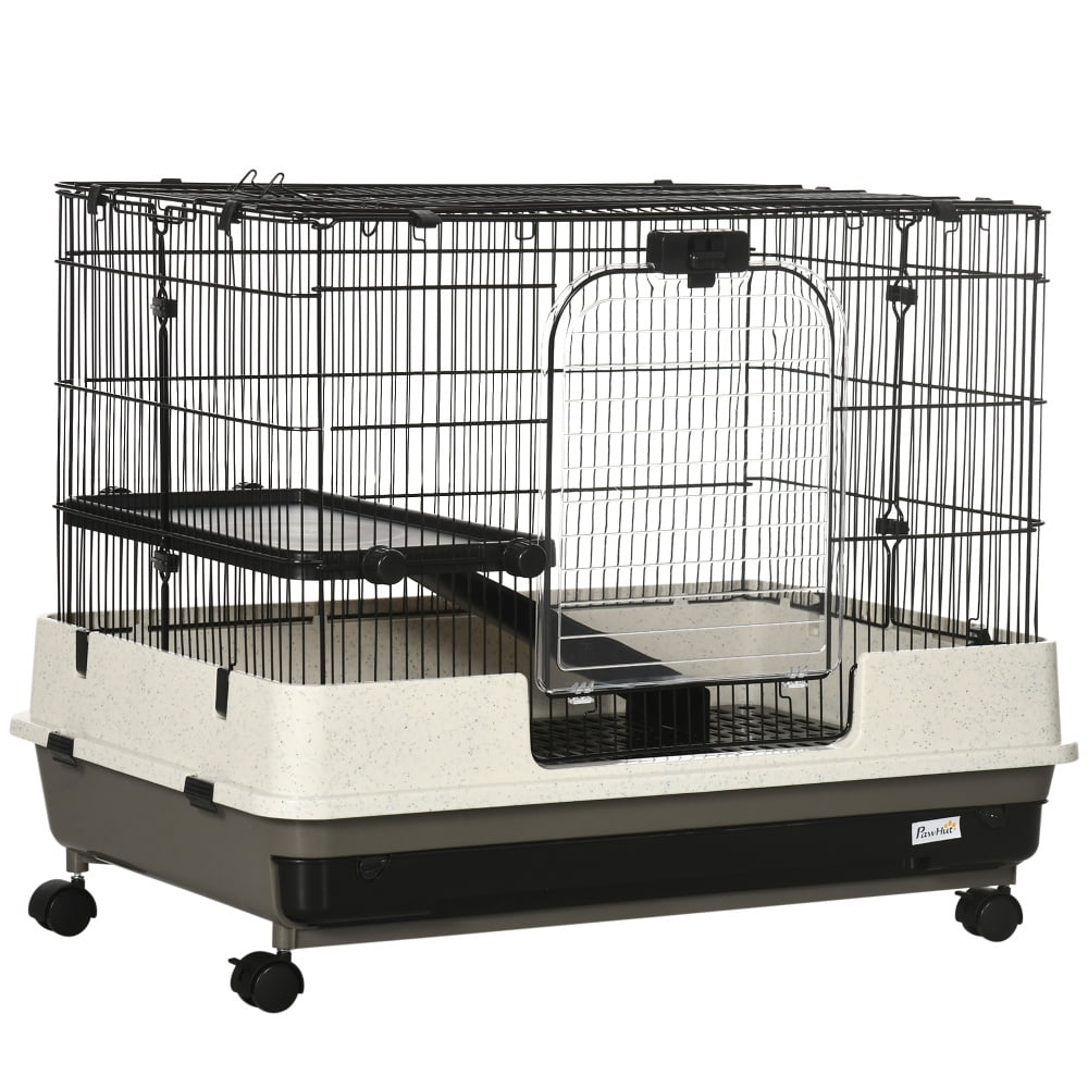 26" Small Animal Cage with Wheels, 2-Level Portable Bunny Cage, Chinchilla Ferret Cage with Removable Tray, Platform and Ramp