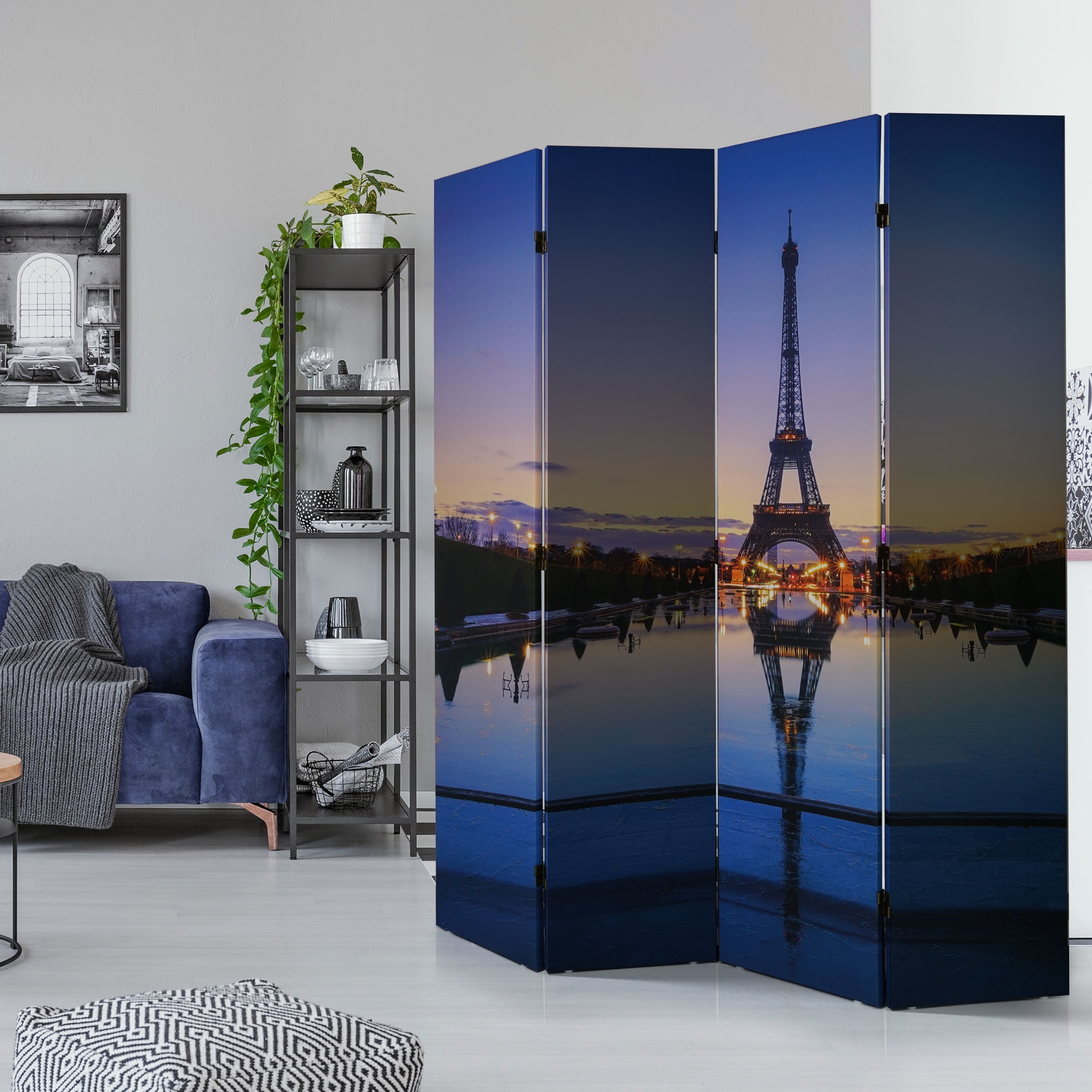 American Art Decor Double-Sided Paris Eiffel Tower, Arc de Triomphe Canvas Portable Dressing Room Divider Screen, 4 Panels, 70" H x 63" L x 1" D