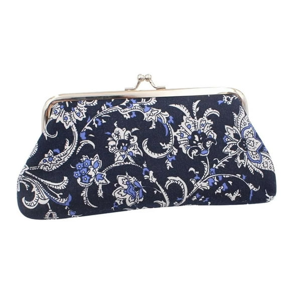 GASTROPOD Large Floral Coin Purses Canvas Cash Wallet Make up Bag Vintage Kiss Lock Clutch Change Pouch Blue